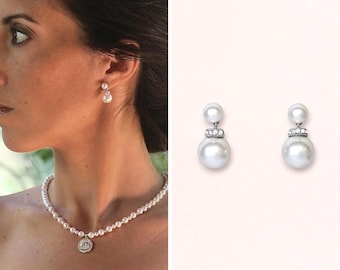 Pearl Drop Minimalist Bridal Earrings, Silver Crystal & Pearl Wedding Earrings, Pearl Bridesmaids Earrings, Rose gold/Gold AUDREY III