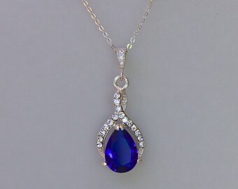 Sapphire Bridal Necklace, Blue Wedding Necklace, Bridal Jewelry, Something Blue, Bridesmaids Necklace, RIBBON