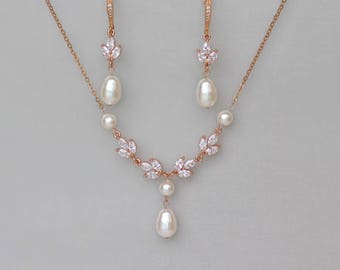 Rose Gold Bridal Set, Rose Gold Jewelry set, Rose Gold Pearl Bridal Set, HAYLEY RGP