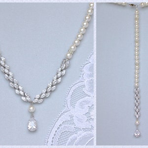 Pearl Backdrop Necklace, Pearl and Marquise Crystal Bridal Necklace, FELICITY
