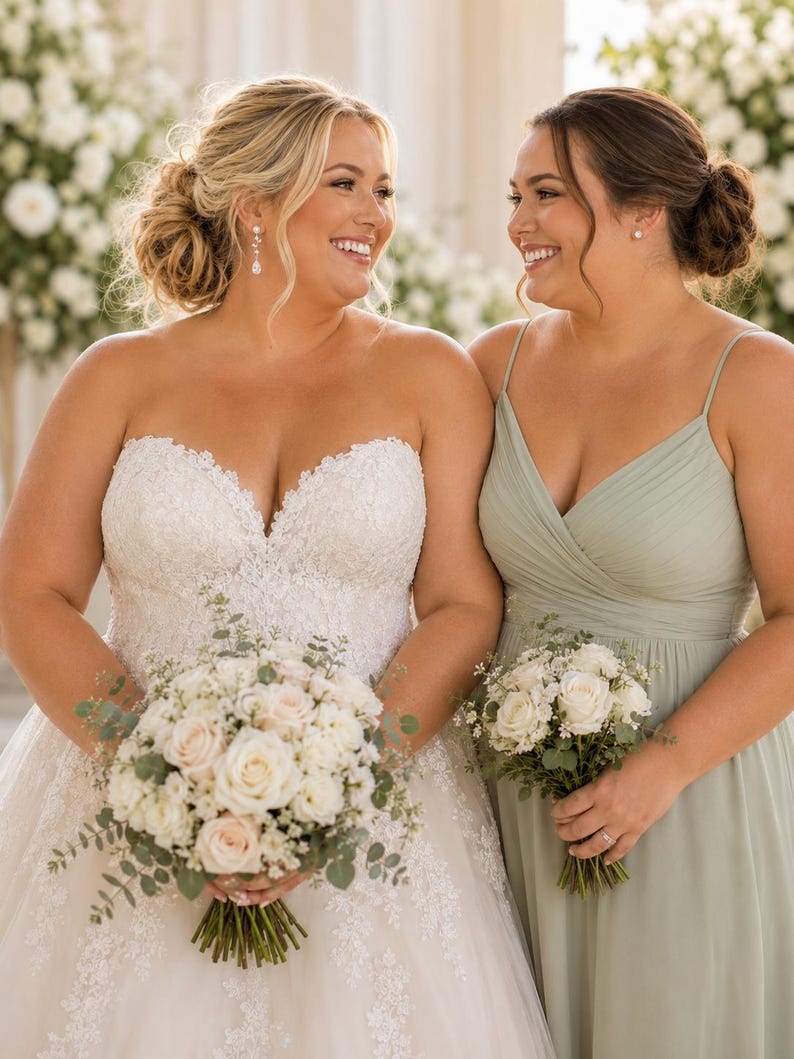 May include: Two smiling women, one in a white strapless wedding gown with a bouquet of white and blush roses, the other in a sage green bridesmaid dress, holding a smaller bouquet. The background features white floral arrangements.