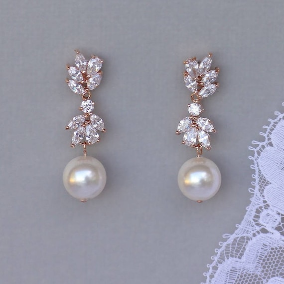 Rose Gold Bridal Earrings Pearl Drop Earrings Crystal | Etsy