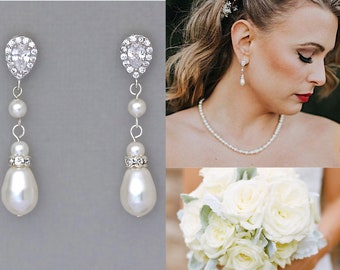 Pearl Drop Earrings, Pearl and Crystal Teardrop Bridal Earrings, Clip on Earrings Option, Bridesmaids Earrings