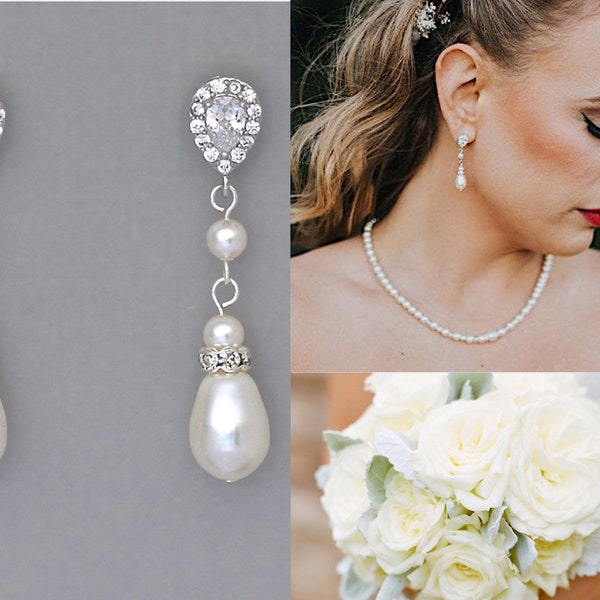 Pearl Drop Earrings, Pearl and Crystal Teardrop Bridal Earrings, Clip on Earrings Option, Bridesmaids Earrings