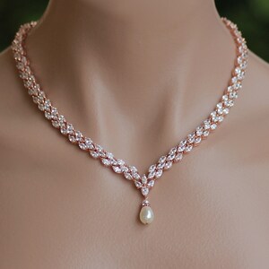 Rose Gold Crystal Necklace, Pearl Drop Crystal Necklace, Rose Gold Necklace, FELICITY RGP image 2