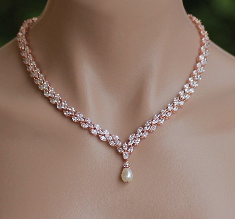 Rose Gold Crystal Necklace, Pearl Drop Crystal Necklace, Rose Gold Necklace, FELICITY RGP image 2