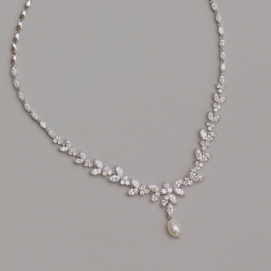 Crystal Marquise Necklace With Pearl Drop Silver Crystal Etsy