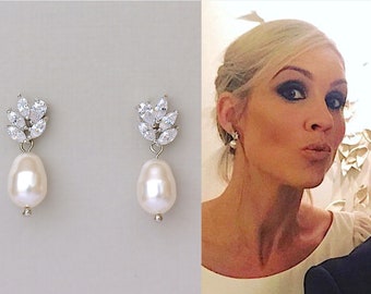 CZ Dainty Pearl Drop Earrings, Marquise Crystal & Pearl Bridal Earrings, Silver Leafy Teardrop Wedding Earrings, Bridal Jewelry, LILIANNE S