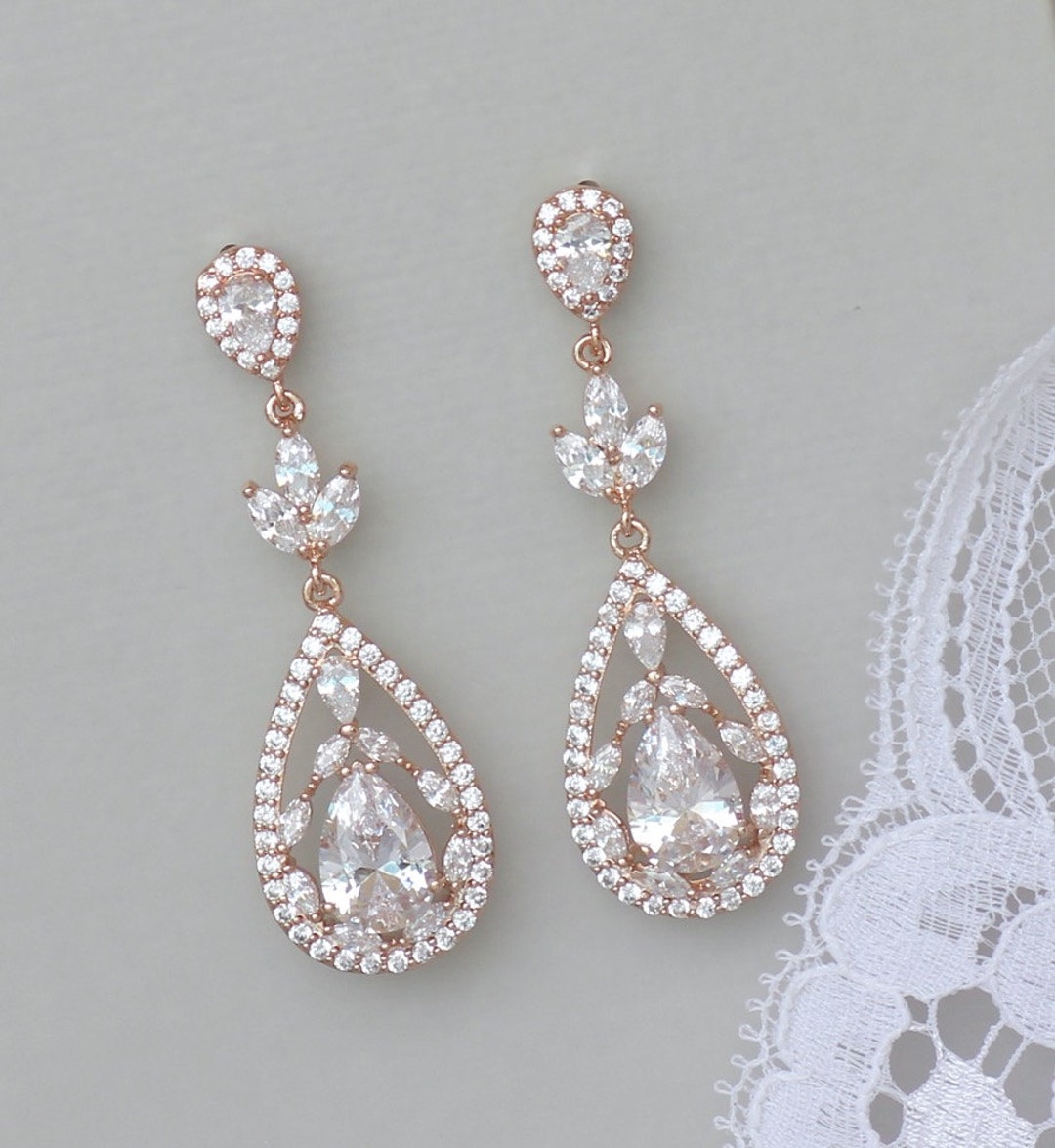 Rose Gold Chandelier Bridal Earrings, Rose Gold Vintage Teardrop