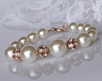 Rose Gold and Pearl Bracelet, Swarovski Pearl & Pave Crystal Bridal Bracelet, Wedding Jewelry, Bridesmaid Bracelet CARMEN RG