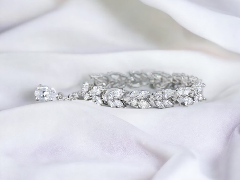 Marquise Crystal Bracelet, Bridal Bracelet, Bridemaids Jewelry, White Gold Bridal Bracelet, Silver CZ Adjustable Wedding Bracelet, CLEO image 9
