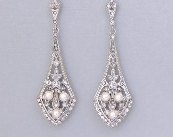 Crystal Pearl Bridal Chandelier Earrings, Vintage Deco Style Chandelier Earrings,  EMILY