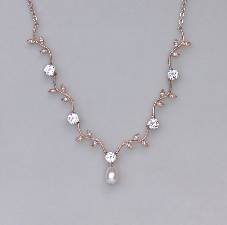 Vine Crystal Bridal Necklace Dainty Crystal and Pearl Wedding Etsy