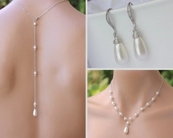 Pearl Back Drop Necklace Set, Swarovski Pearl Bridal Set, Necklace and Earring Set, Bridesmaid Jewelry, VANESSA