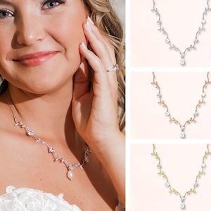 Gold Necklace, Gold Bridal Necklace, Crystal Wedding Necklace, Gold Bridal Jewelry, Pearl Drop Necklace, Gold Bridesmaid Necklace, VINE 2G
