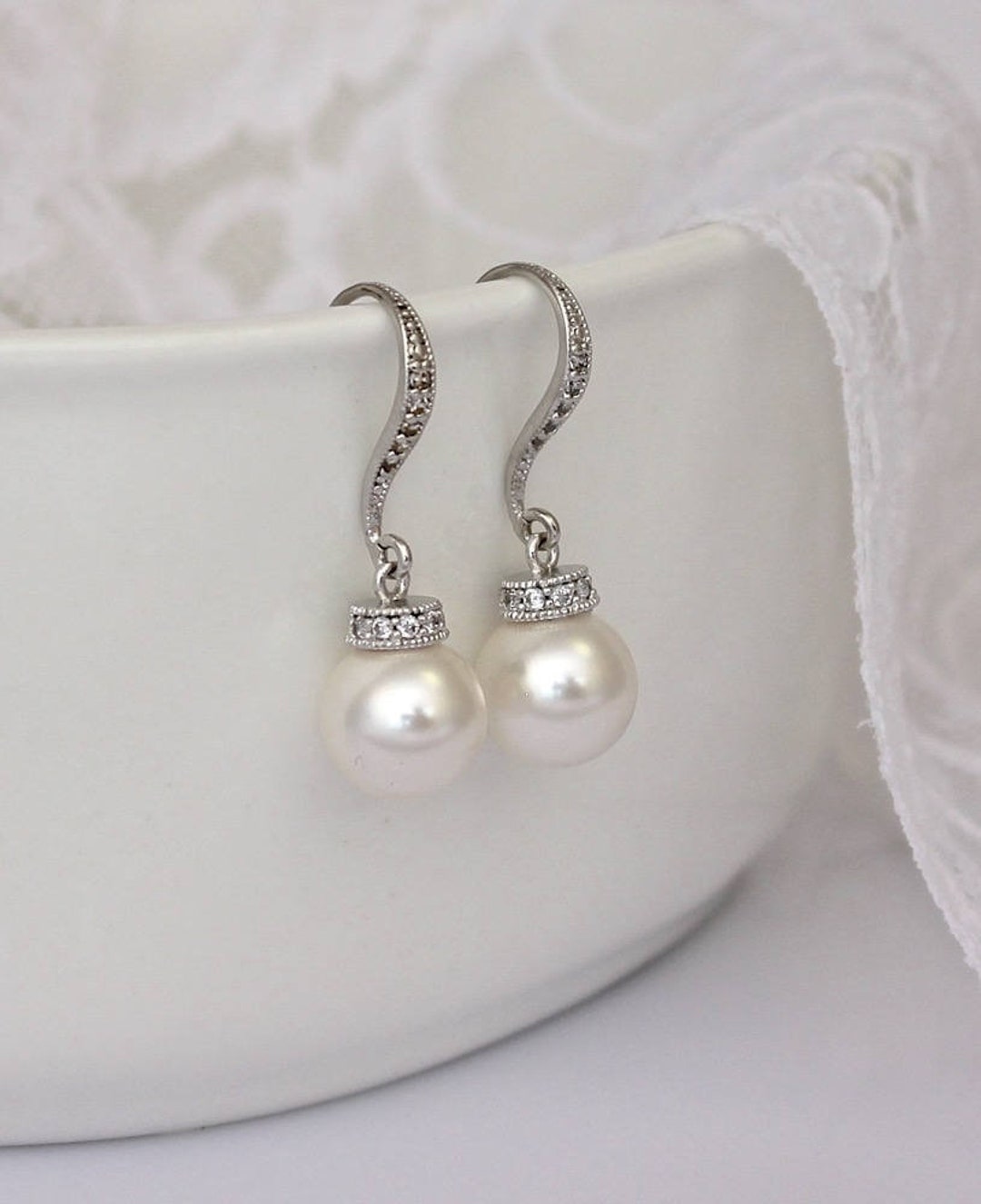 Crystal Pearl Drop Earrings Silver Pearl Dangle Bridesmaids - Etsy