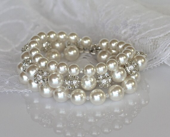 Pearl and Pavè Crystal Bracelet, Multi Strand Pearl Bracelet  display picture 2