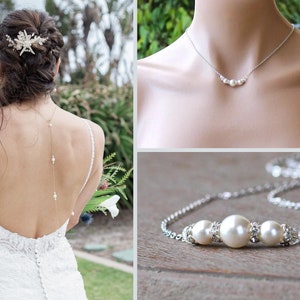 Pearl Backdrop Necklace, Minimal Pearl Necklace, Pearl Wedding Back Necklace, Pearl Bridal Jewelry