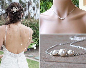 Pearl Backdrop Necklace, Minimal Pearl Necklace, Pearl Wedding Back Necklace, Pearl Bridal Jewelry