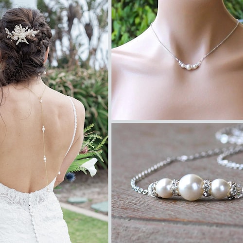Collier de toile de fond de perles, collier de perles minimal, collier de perles de mariage dans le dos, bijoux de mariée en perles
