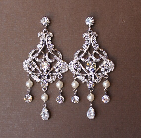 On Chandelier Bridal Earrings Crystal Pearl Image 0