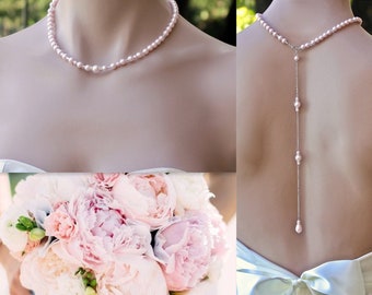 Pink Blush Pearl Back Drop Necklace,  Baby Pink Pearl Bead Back Necklace