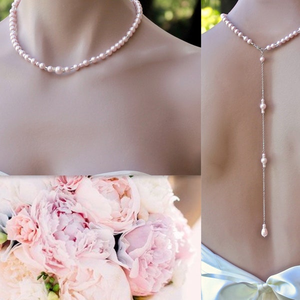 Pink Blush Pearl Back Drop Necklace,  Baby Pink Pearl Bead Back Necklace