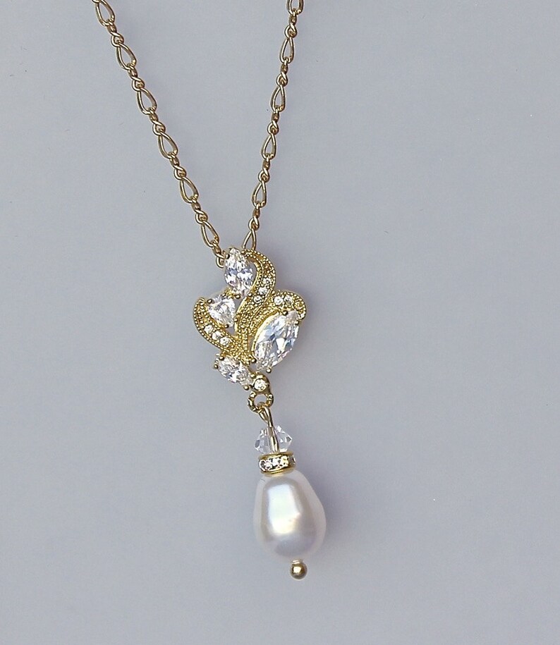 Gold Bridal Necklace Crystal and Pearl Drop Necklace Gold Etsy