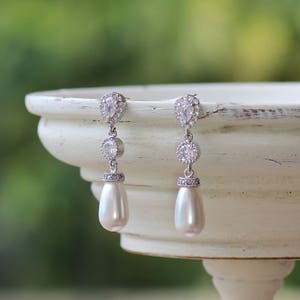 Pearl Bridal Earrings, Pearl Drop Earrings, Crystal & Pearl Wedding Earrings, Silver Pearl Earrings, AUDREY Pearl image 3