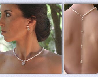 Pearl Backdrop Necklace, Wedding Back Drop Necklace, Pearl Back Drop Bridal Necklace, Crystal & Pearl Back Necklace, BRIGITTE