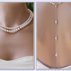 Pearl Back Drop Necklace, Double Strand Pearl Necklace, Pearl Bridal Wedding Necklace,