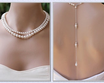 Pearl Back Drop Necklace, Double Strand Pearl Necklace, Pearl Bridal Wedding Necklace,