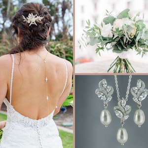 Crystal and Pearl Backdrop Necklace and Earrings Set, Silver Wedding Pearl Jewelry Set, Bridesmaid Jewelry Set, FLEUR 4