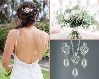 Set di collana di perle da sposa con pendente a goccia in strass, sfondo in argento con zirconi cubici, orecchini pendenti, Milla - Italia