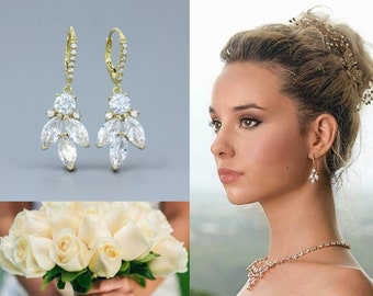 Crystal Marquise Bridal Earrings White Gold, Silver Tone Leafy Zircon Drop Earrings, Rhodium Crystal Bridal Wedding Jewelry DARCY