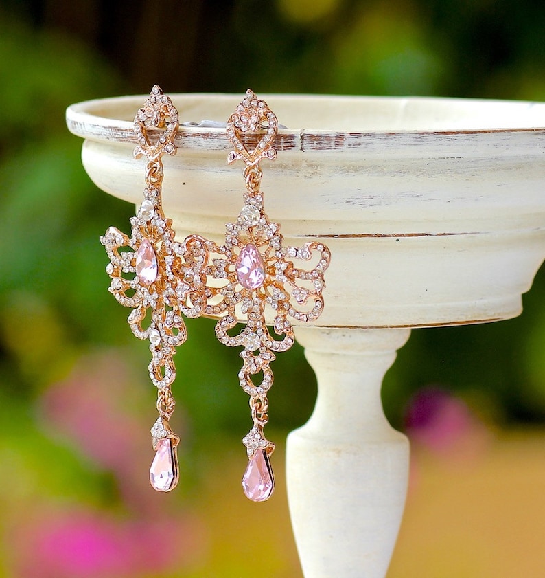 Blush Chandelier Earrings Rose Gold Bridal Earrings Long Etsy