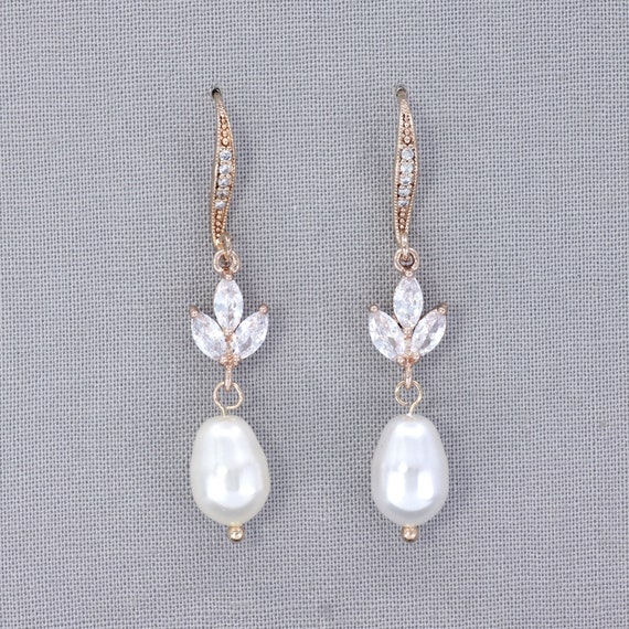 Rose Gold Bridal Earrings Pearl Drop Wedding Earrings Rose | Etsy