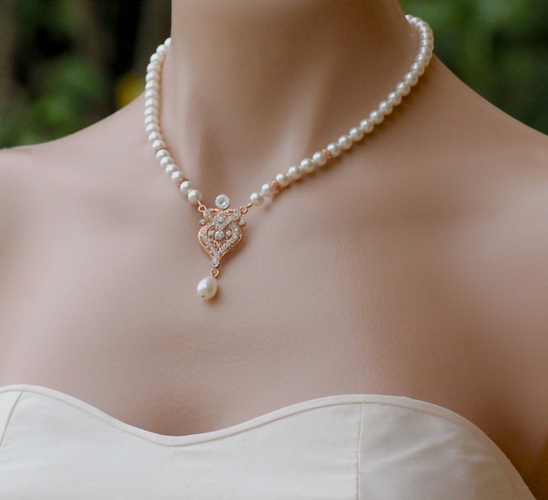 Rose Gold Pearl Necklace, Pearl Bridal Necklace, Rose Gold Y Pearl Wedding Necklace, Bridal Jewelry, LUCY RGP image 1