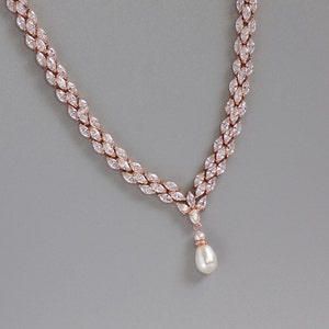 Rose Gold Crystal Necklace, Pearl Drop Crystal Necklace, Rose Gold Necklace, FELICITY RGP image 1
