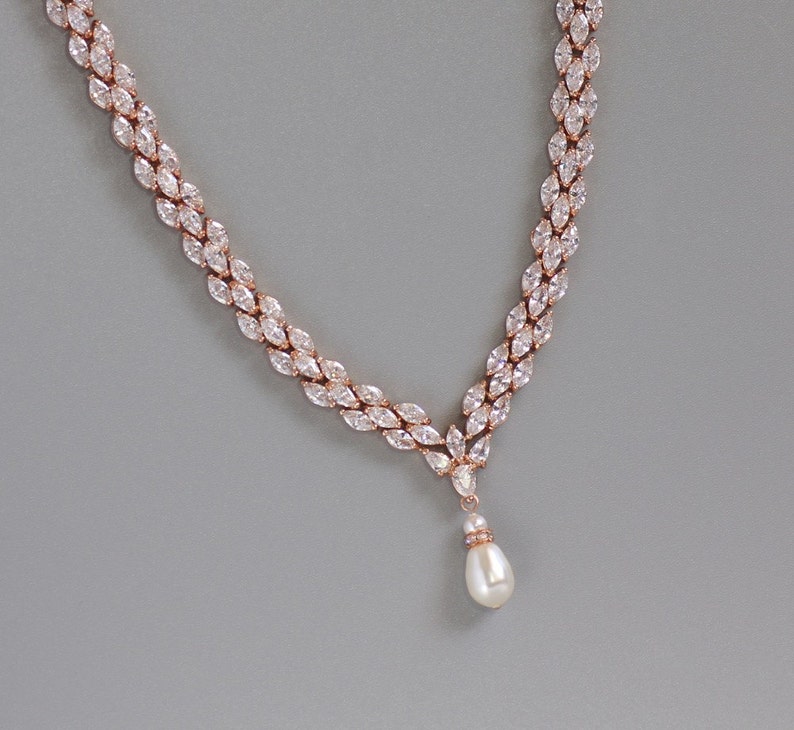 Rose Gold Crystal Necklace, Pearl Drop Crystal Necklace, Rose Gold Necklace, FELICITY RGP image 1