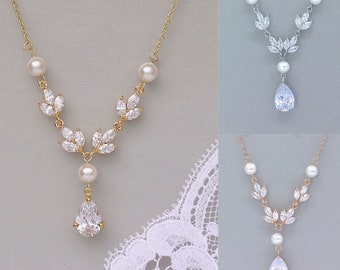 Gold Crystal & Pearl Bridal Necklace, Gold Crystal Necklace, Gold, Rose Gold, White Gold Bridal Jewelry,  HAYLEY G