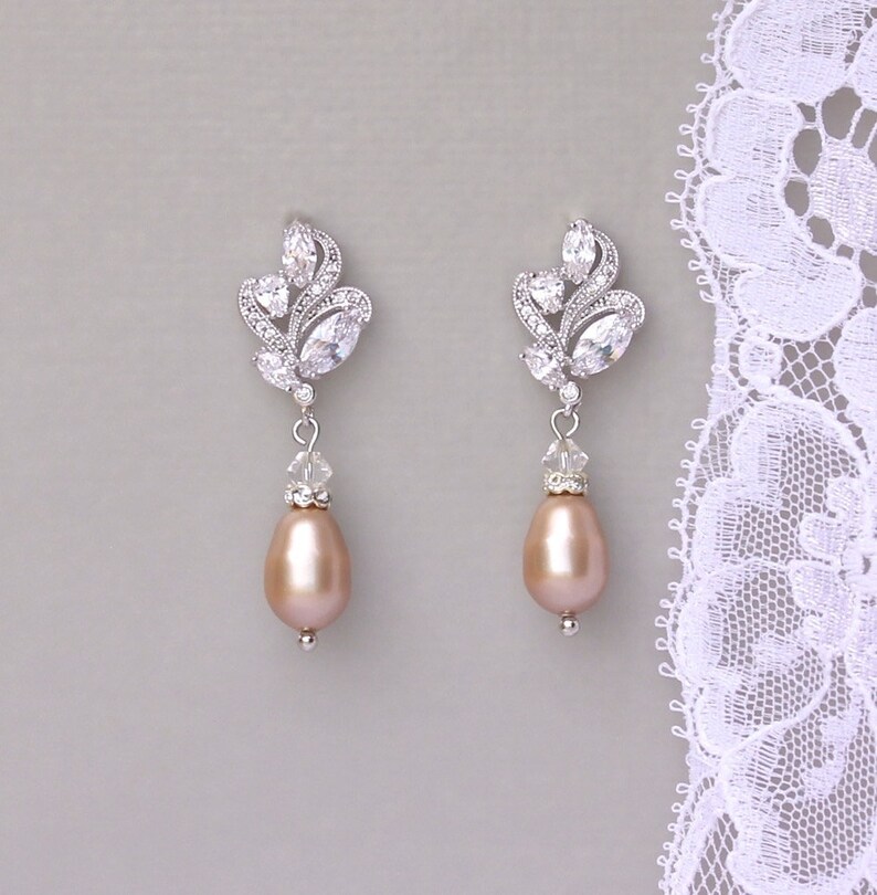Champagne Blush Pearl Earrings Blush Bridal Earrings Crystal Etsy