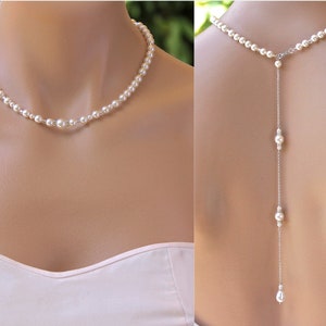 Pearl Backdrop Necklace, Swarovski Pearl Bridal Back Necklace, Silver, Rose Gold, Gold