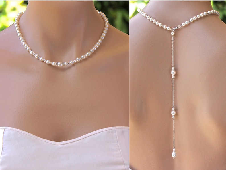 Pearl Backdrop Necklace, Swarovski Pearl Bridal Back Necklace, Silver, Rose Gold, Gold image 1