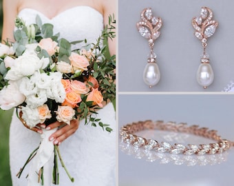 Rose Gold Bridal Set, Rose Gold Jewelry Set, Rose Gold Bracelet & Earrings Set, Rose Gold Wedding Jewelry Set, HAYLEY/FLEUR SET