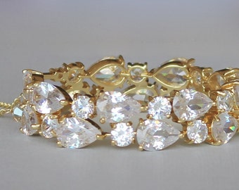 Gold Crystal Bracelet, Gold Teardrop Bracelet, Cuff Bracelet, Gold Wedding Cuff,  TESSA G