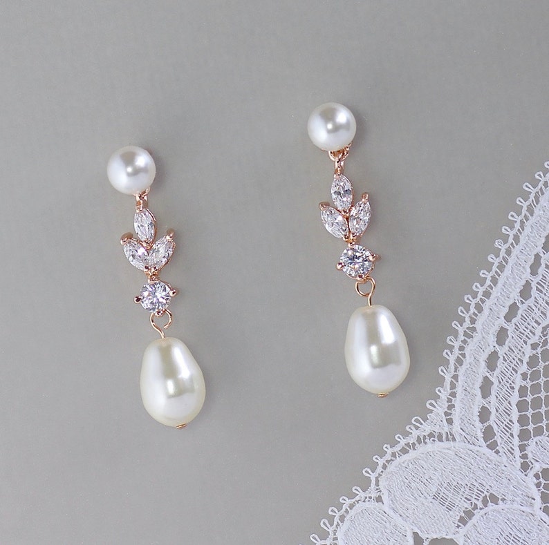 Crystal Pearl Drop Rose Gold Bridal Earrings Pearl Stud & - Etsy