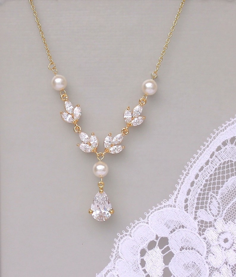 Gold Crystal & Pearl Bridal Necklace Gold Crystal Necklace Etsy