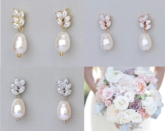 Crystal Pearl Drop Gold Earrings, Gold Pearl Bridal Earrings,  Gold Bridesmaids Jewelry LILIANNE G