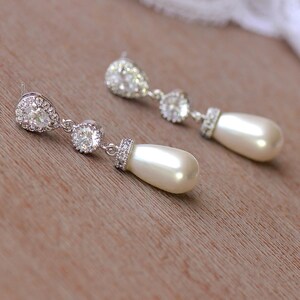 Pearl Bridal Earrings, Pearl Drop Earrings, Crystal & Pearl Wedding Earrings, Silver Pearl Earrings, AUDREY Pearl image 5